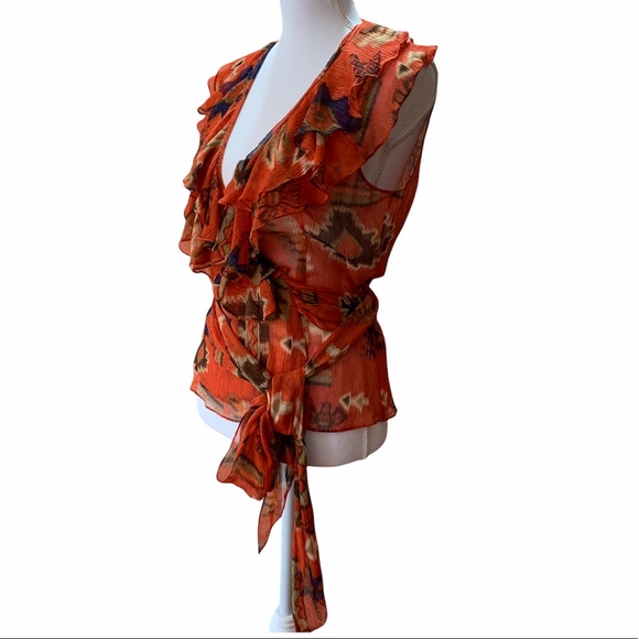 RALPH LAUREN RUFFLED WRAP SILK BLOUSE BURNT ORANGE - Picture 5 of 12